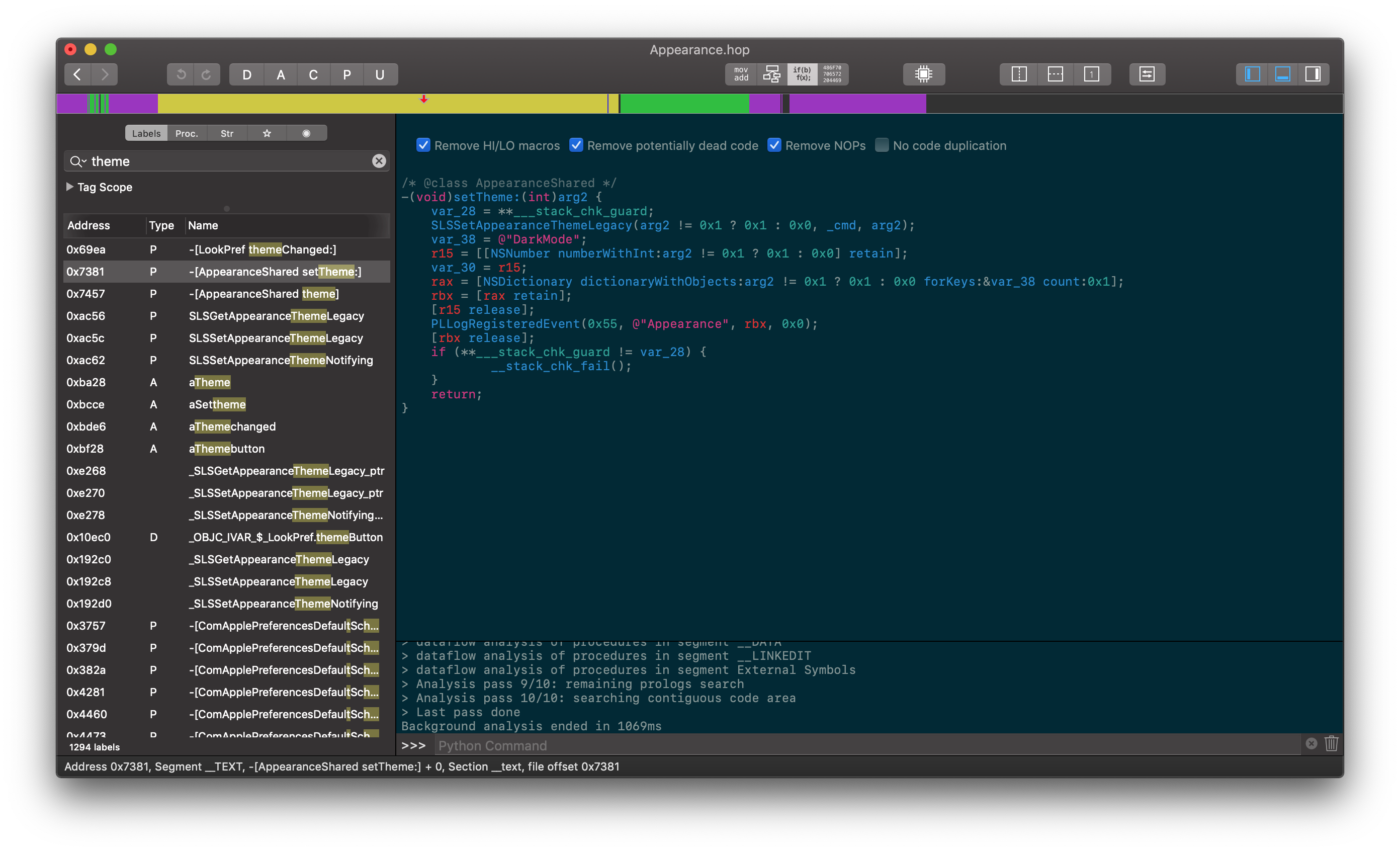 Hopper disassembly of the Appearance preference pane focused on -[AppearanceShared setTheme:]