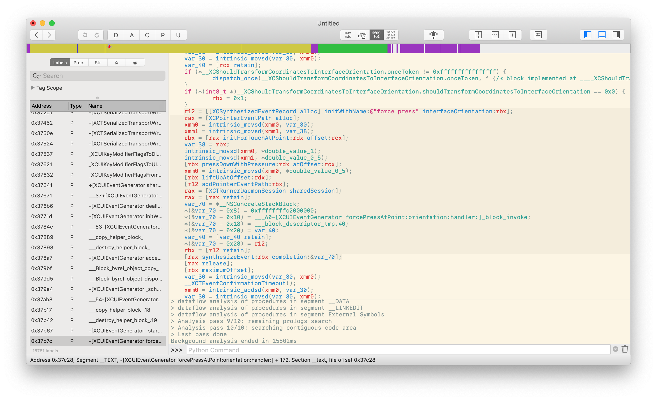 Hopper disassembly of XCTest focused on -[XCUIEventGenerator forcePressAtPoint:orientation:handler:]