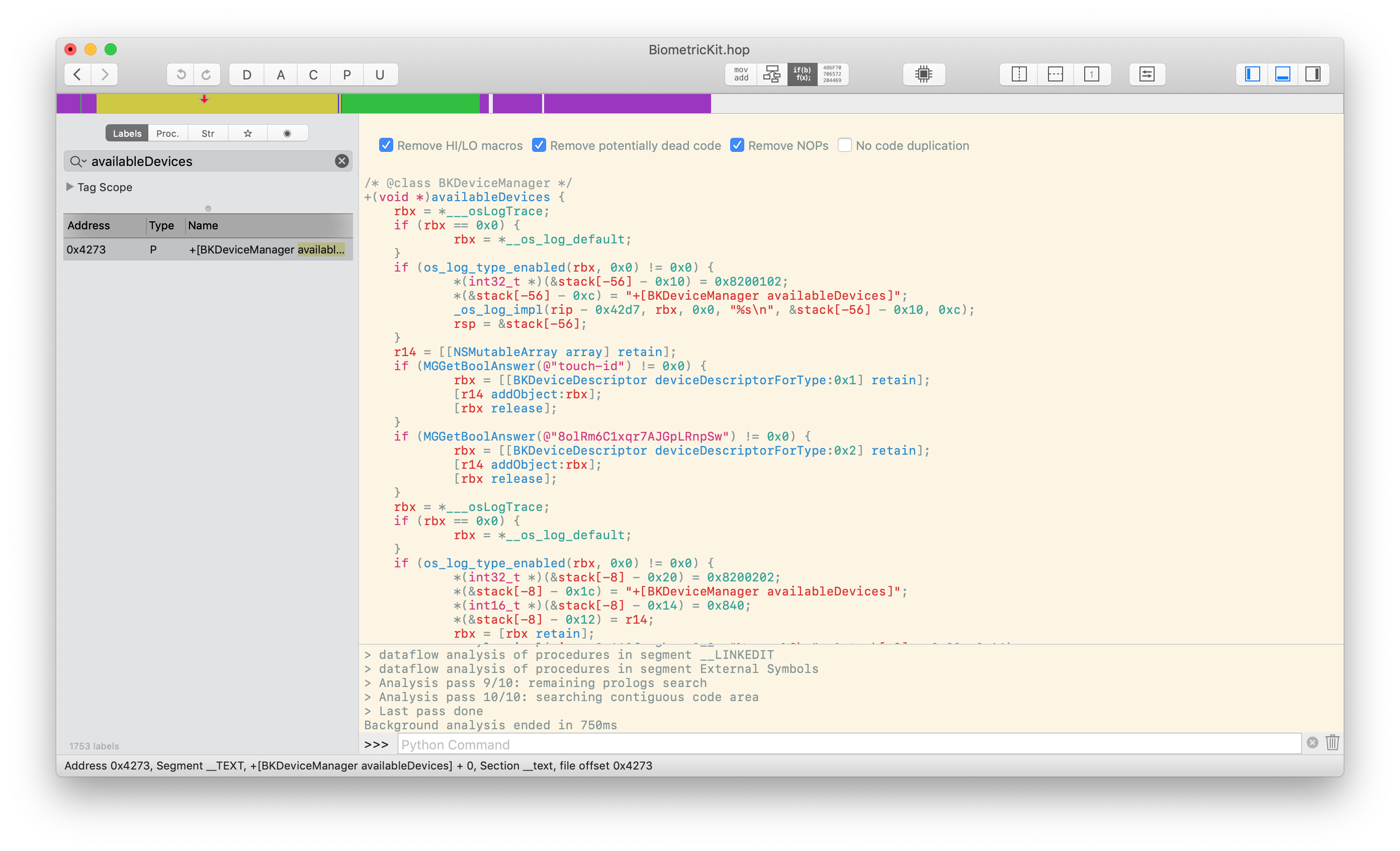 Hopper disassembly of BiometricKit focused on +[BKDeviceManager availableDevices:]