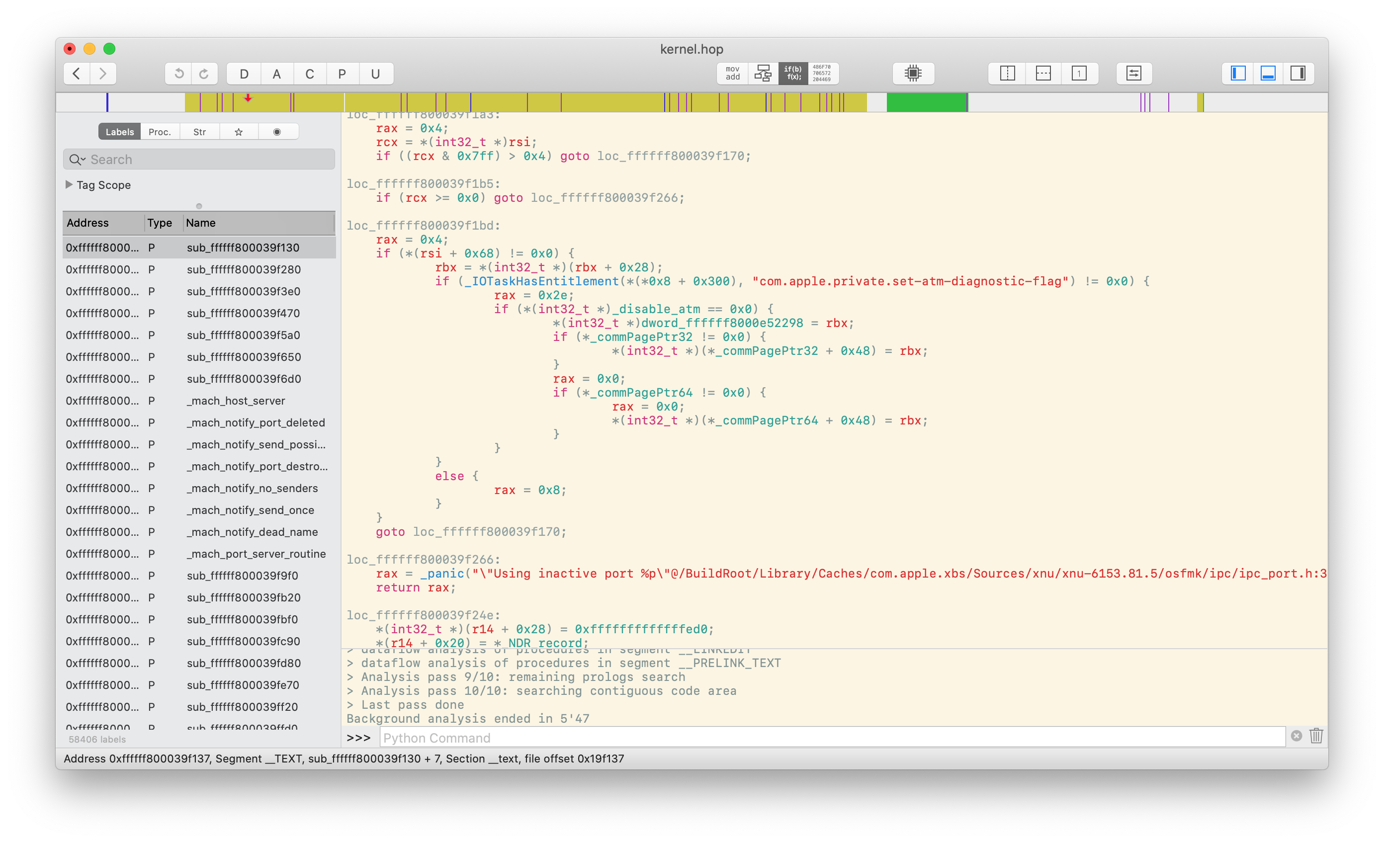 Hopper disassembly of the kernel code invoked by host_set_atm_diagnostic_flag, showing a new entitlements check