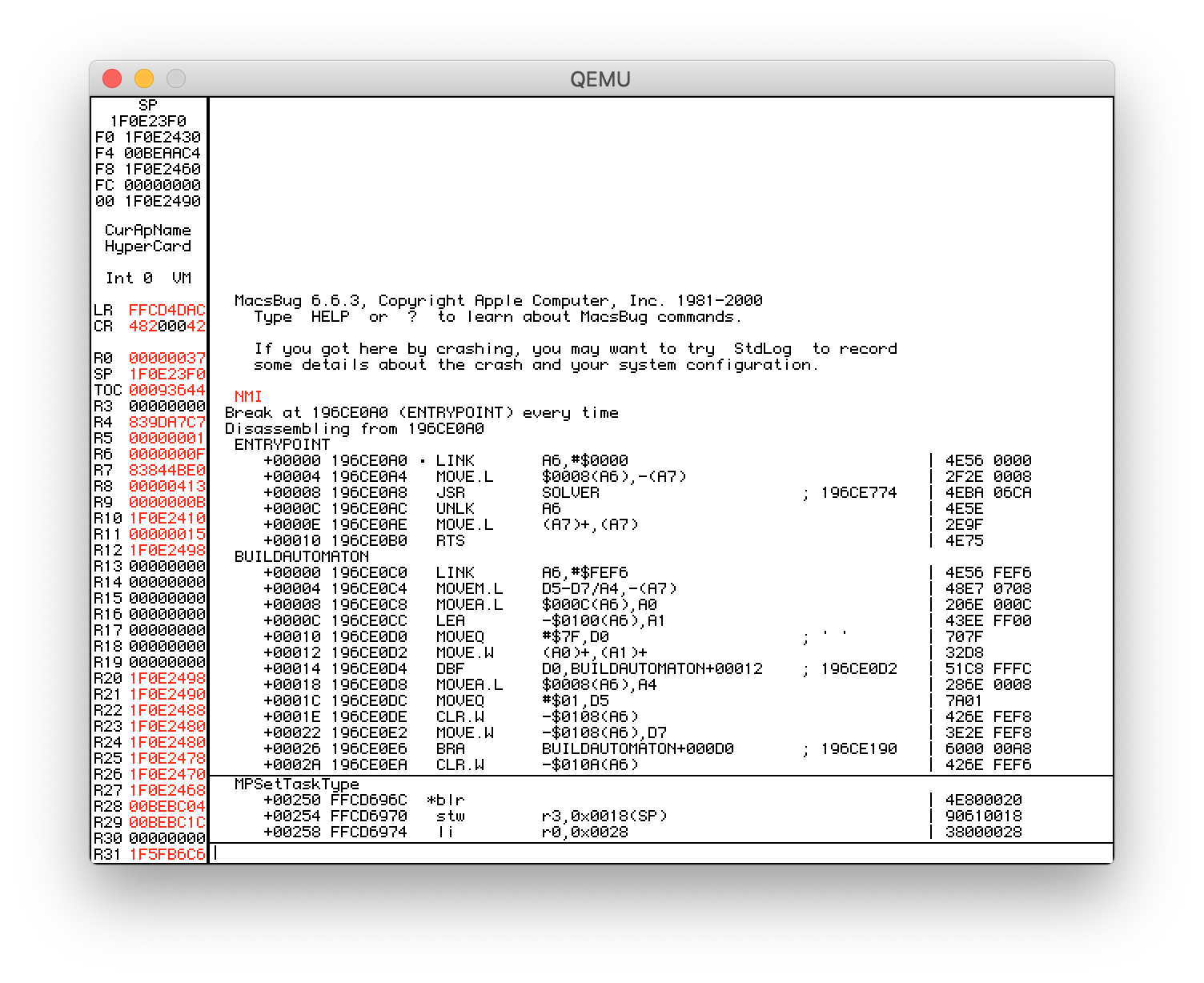 MacsBug in QEMU, with a breakpoint set on `ENTRYPOINT` and the instruction listing confirming that the code matches our XCMD