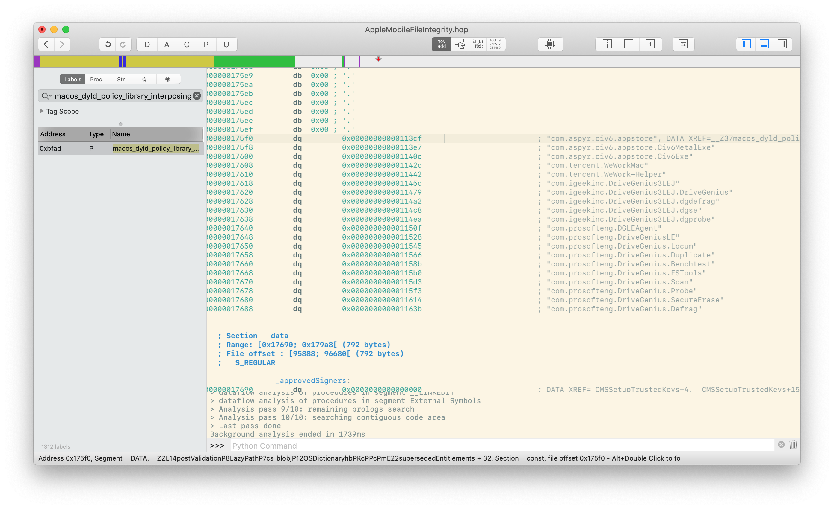 Hopper disassembly listing showing the bundle identifiers of exemptions